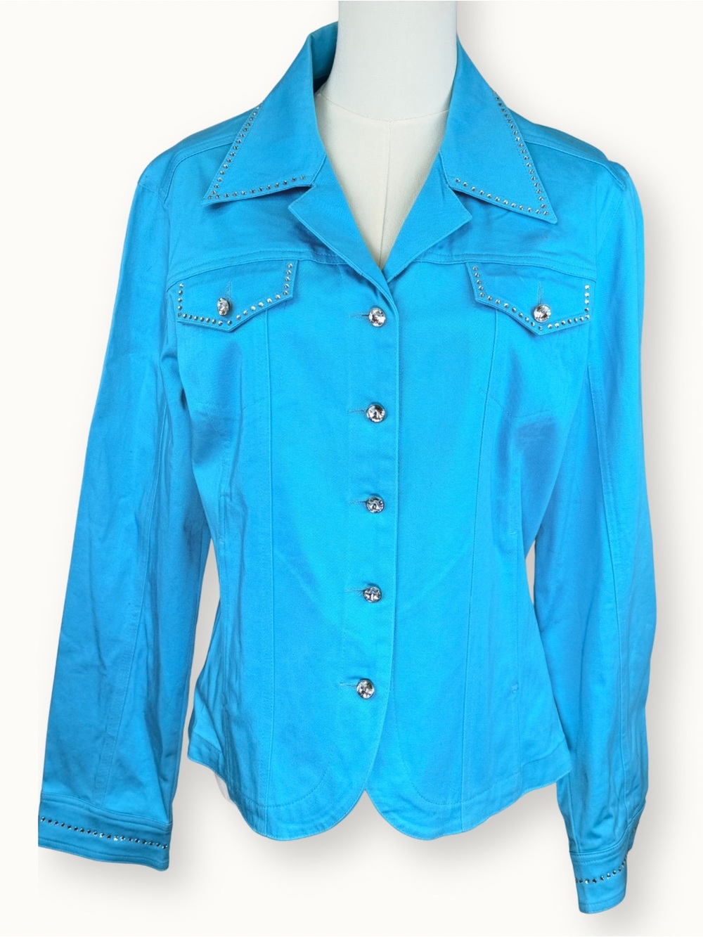 Christine Alexander Vintage Turquoise Rhinestone Bling Denim Jacket